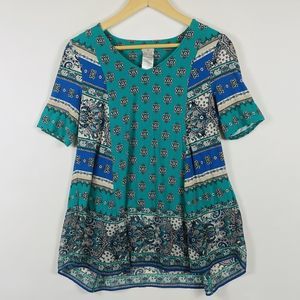 Chico's Teal Print Flare Chiffon Trim Jersey Top Shirt Tee Womens 0 Small Petite